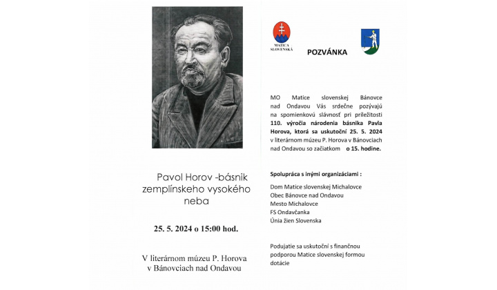 Pozvánka na podujatie : Pavol Horov - básnik zemplínskeho vysokého neba 